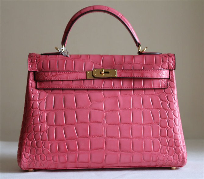 7A Replica Hermes Kelly 32cm Crocodile Veins Leather Bag Pink HC0001 (1)